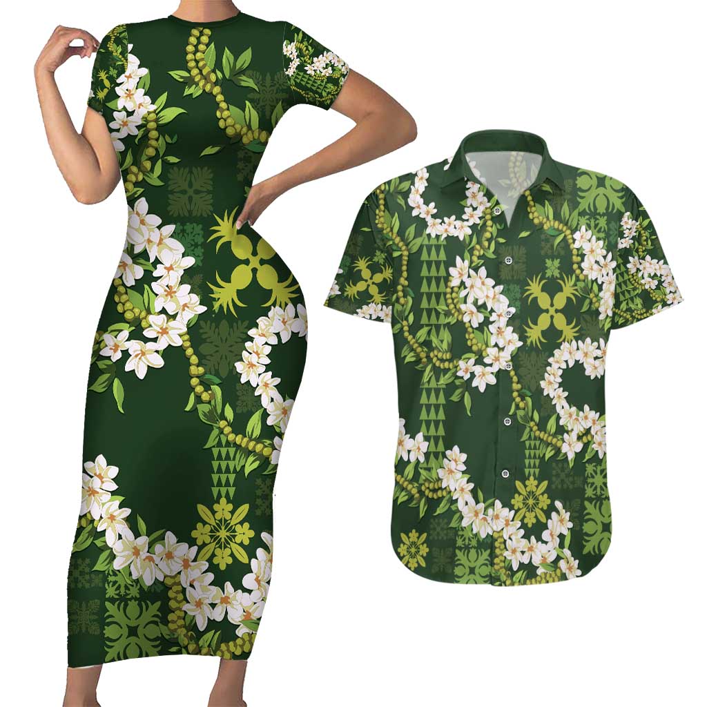 Mokihana Maile and Ilima Leis Couples Matching Short Sleeve Bodycon Dress and Hawaiian Shirt Omaʻomaʻo Hawaiian Tapa Quilt Pattern LT9 Green - Polynesian Pride