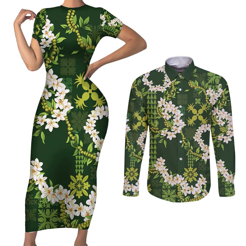 Mokihana Maile and Ilima Leis Couples Matching Short Sleeve Bodycon Dress and Long Sleeve Button Shirt Omaʻomaʻo Hawaiian Tapa Quilt Pattern LT9 Green - Polynesian Pride