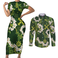 Mokihana Maile and Ilima Leis Couples Matching Short Sleeve Bodycon Dress and Long Sleeve Button Shirt Omaʻomaʻo Hawaiian Tapa Quilt Pattern LT9 Green - Polynesian Pride