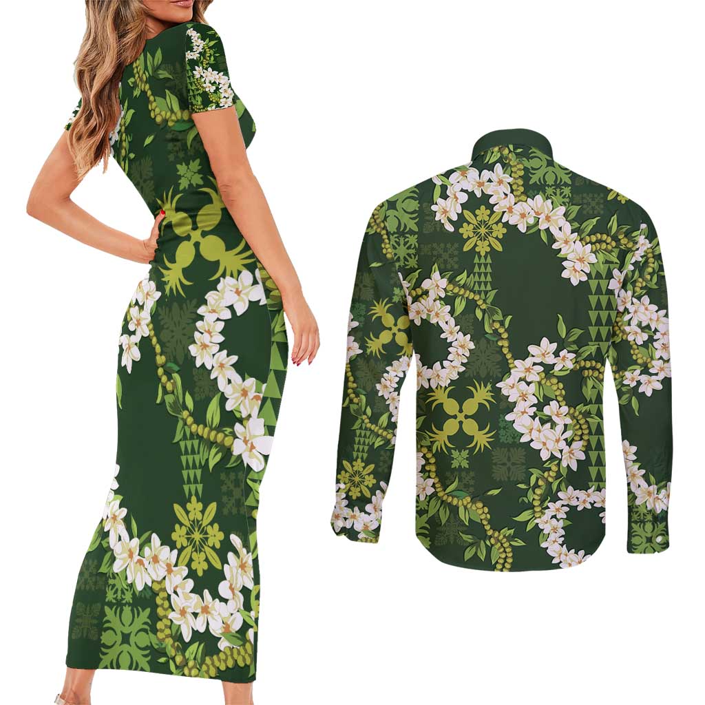 Mokihana Maile and Ilima Leis Couples Matching Short Sleeve Bodycon Dress and Long Sleeve Button Shirt Omaʻomaʻo Hawaiian Tapa Quilt Pattern LT9 - Polynesian Pride