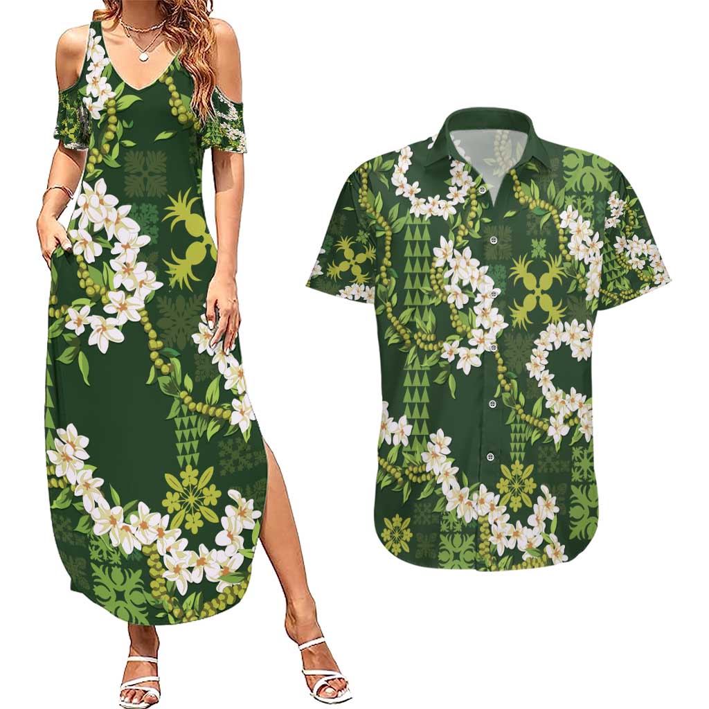 Mokihana Maile and Ilima Leis Couples Matching Summer Maxi Dress and Hawaiian Shirt Omaʻomaʻo Hawaiian Tapa Quilt Pattern LT9 Green - Polynesian Pride