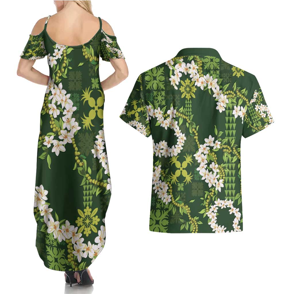 Mokihana Maile and Ilima Leis Couples Matching Summer Maxi Dress and Hawaiian Shirt Omaʻomaʻo Hawaiian Tapa Quilt Pattern LT9 - Polynesian Pride