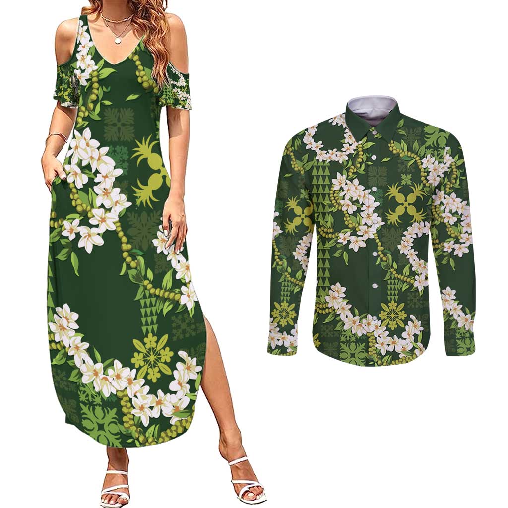 Mokihana Maile and Ilima Leis Couples Matching Summer Maxi Dress and Long Sleeve Button Shirt Omaʻomaʻo Hawaiian Tapa Quilt Pattern LT9 Green - Polynesian Pride
