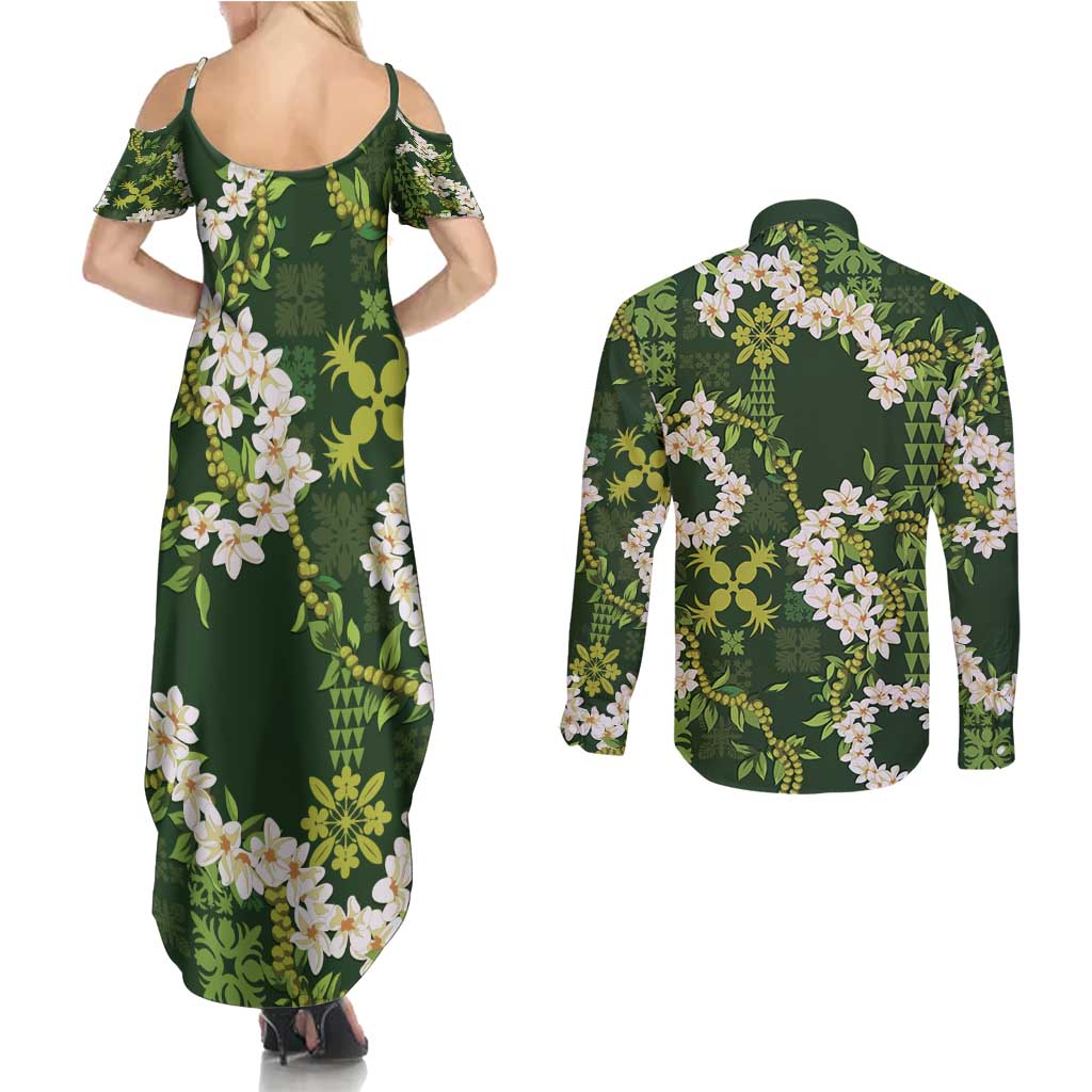 Mokihana Maile and Ilima Leis Couples Matching Summer Maxi Dress and Long Sleeve Button Shirt Omaʻomaʻo Hawaiian Tapa Quilt Pattern LT9 - Polynesian Pride