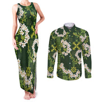 Mokihana Maile and Ilima Leis Couples Matching Tank Maxi Dress and Long Sleeve Button Shirt Omaʻomaʻo Hawaiian Tapa Quilt Pattern LT9 Green - Polynesian Pride