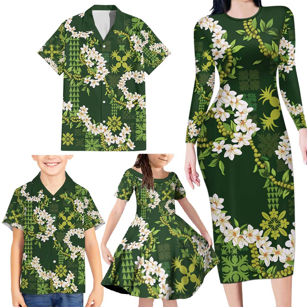 Mokihana Maile and Ilima Leis Family Matching Long Sleeve Bodycon Dress and Hawaiian Shirt Omaʻomaʻo Hawaiian Tapa Quilt Pattern LT9 - Polynesian Pride
