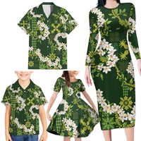 Mokihana Maile and Ilima Leis Family Matching Long Sleeve Bodycon Dress and Hawaiian Shirt Omaʻomaʻo Hawaiian Tapa Quilt Pattern LT9 - Polynesian Pride