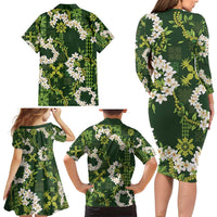 Mokihana Maile and Ilima Leis Family Matching Long Sleeve Bodycon Dress and Hawaiian Shirt Omaʻomaʻo Hawaiian Tapa Quilt Pattern LT9 - Polynesian Pride