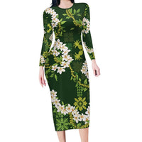 Mokihana Maile and Ilima Leis Family Matching Long Sleeve Bodycon Dress and Hawaiian Shirt Omaʻomaʻo Hawaiian Tapa Quilt Pattern LT9 Mom's Dress Green - Polynesian Pride
