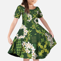 Mokihana Maile and Ilima Leis Family Matching Mermaid Dress and Hawaiian Shirt Omaʻomaʻo Hawaiian Tapa Quilt Pattern LT9 Daughter's Dress Green - Polynesian Pride
