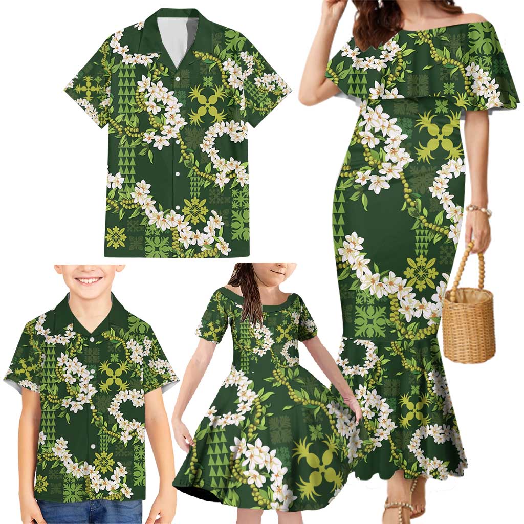 Mokihana Maile and Ilima Leis Family Matching Mermaid Dress and Hawaiian Shirt Omaʻomaʻo Hawaiian Tapa Quilt Pattern LT9 - Polynesian Pride