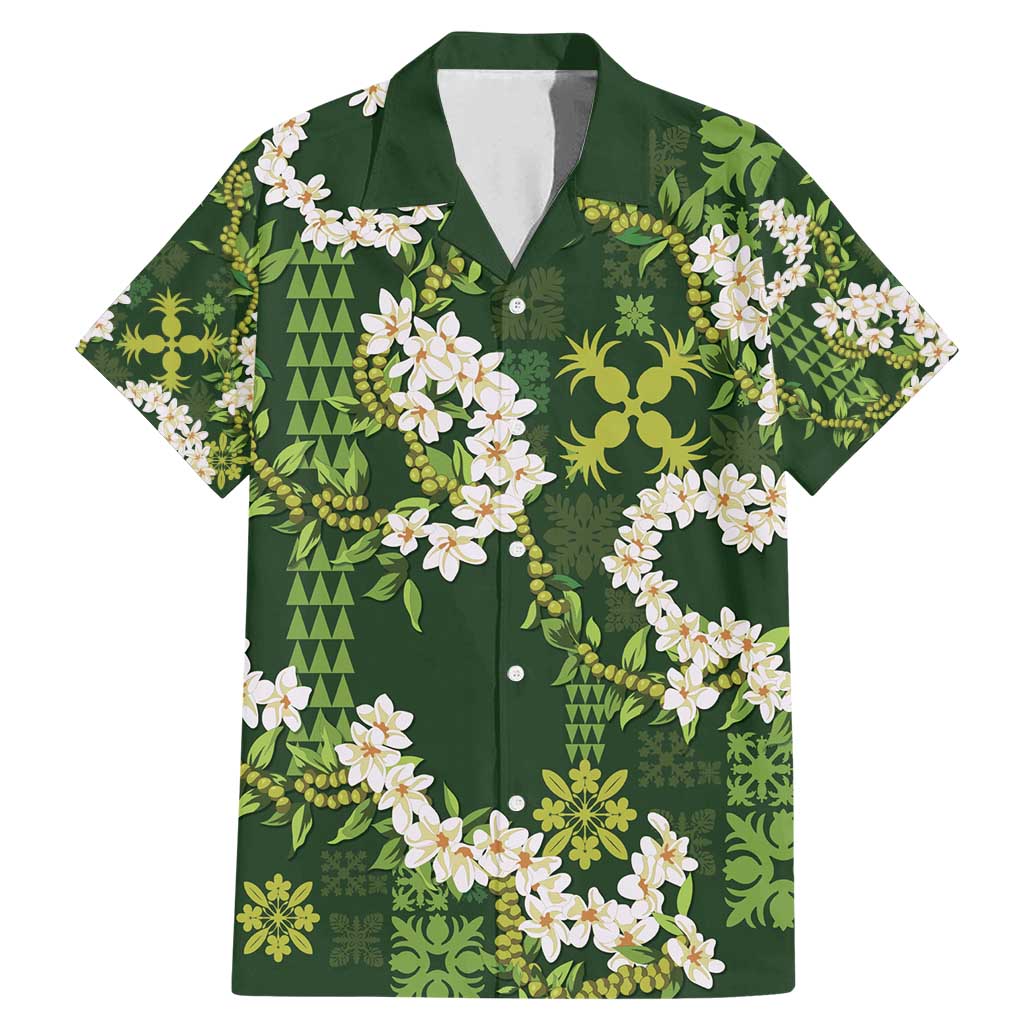 Mokihana Maile and Ilima Leis Family Matching Mermaid Dress and Hawaiian Shirt Omaʻomaʻo Hawaiian Tapa Quilt Pattern LT9 Dad's Shirt - Short Sleeve Green - Polynesian Pride