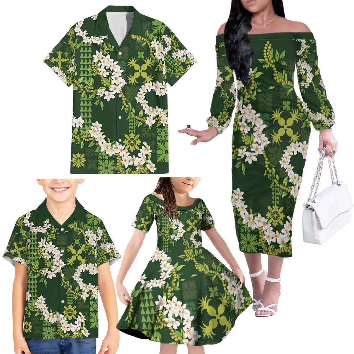 Mokihana Maile and Ilima Leis Family Matching Off The Shoulder Long Sleeve Dress and Hawaiian Shirt Omaʻomaʻo Hawaiian Tapa Quilt Pattern LT9 - Polynesian Pride