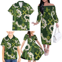 Mokihana Maile and Ilima Leis Family Matching Off The Shoulder Long Sleeve Dress and Hawaiian Shirt Omaʻomaʻo Hawaiian Tapa Quilt Pattern LT9 - Polynesian Pride