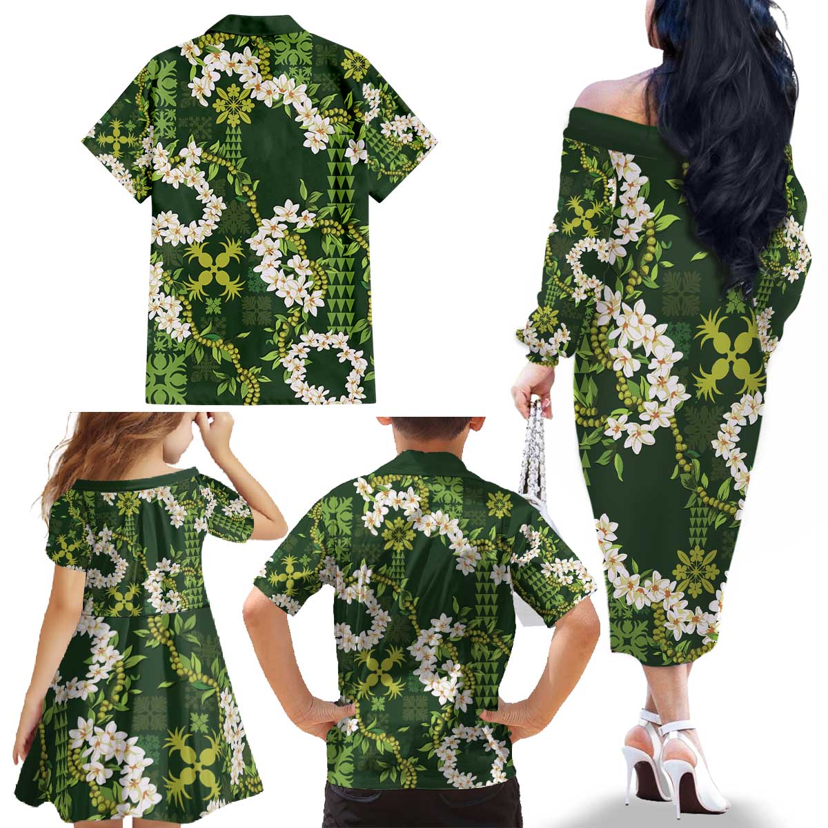 Mokihana Maile and Ilima Leis Family Matching Off The Shoulder Long Sleeve Dress and Hawaiian Shirt Omaʻomaʻo Hawaiian Tapa Quilt Pattern LT9 - Polynesian Pride