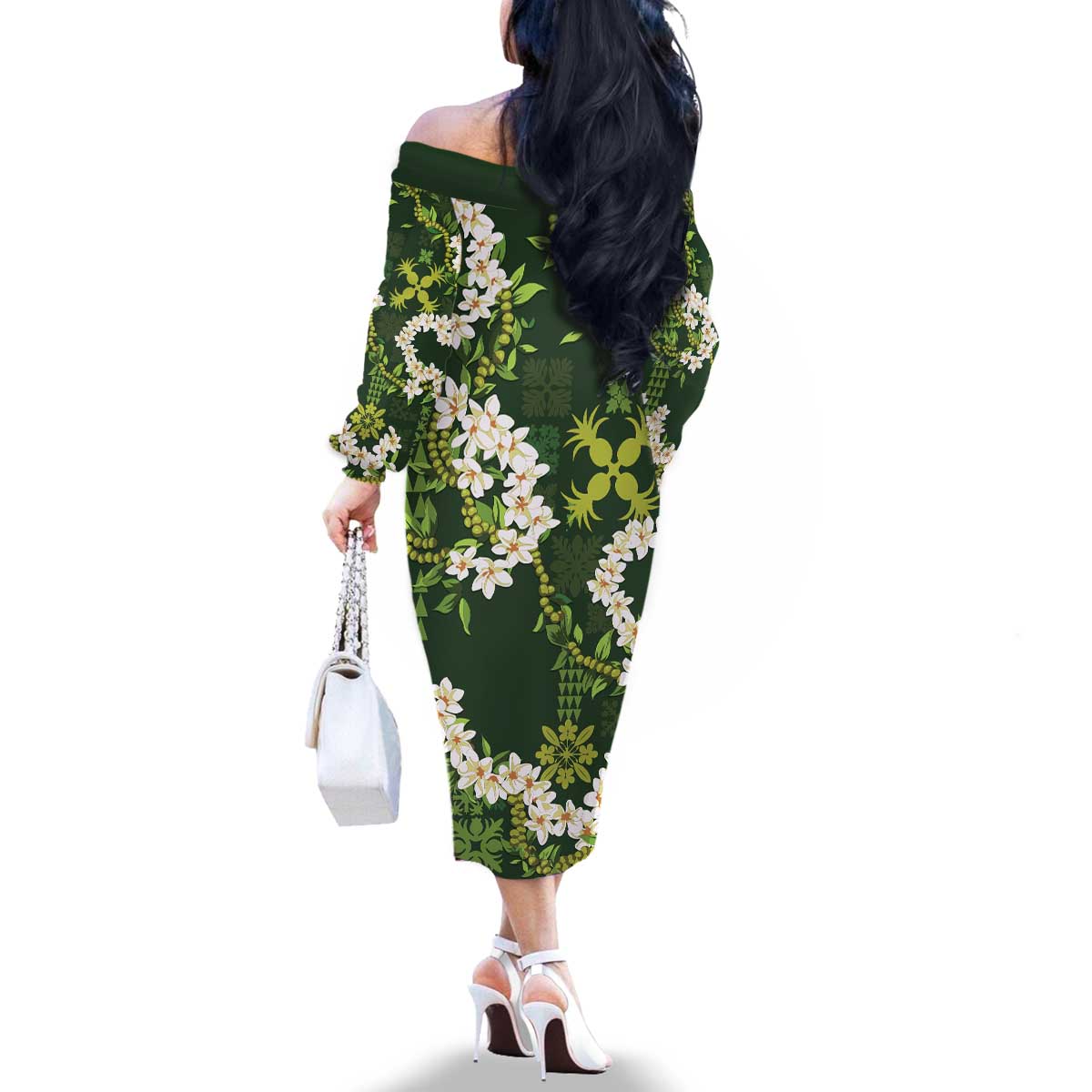 Mokihana Maile and Ilima Leis Family Matching Off The Shoulder Long Sleeve Dress and Hawaiian Shirt Omaʻomaʻo Hawaiian Tapa Quilt Pattern LT9 - Polynesian Pride