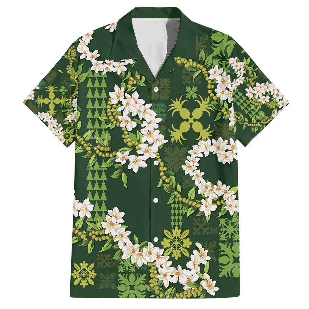 Mokihana Maile and Ilima Leis Family Matching Off Shoulder Maxi Dress and Hawaiian Shirt Omaʻomaʻo Hawaiian Tapa Quilt Pattern LT9 Dad's Shirt - Short Sleeve Green - Polynesian Pride