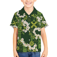 Mokihana Maile and Ilima Leis Family Matching Off Shoulder Maxi Dress and Hawaiian Shirt Omaʻomaʻo Hawaiian Tapa Quilt Pattern LT9 Son's Shirt Green - Polynesian Pride