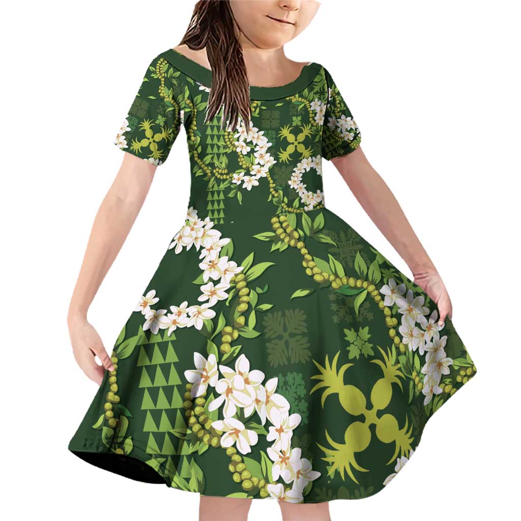 Mokihana Maile and Ilima Leis Family Matching Off Shoulder Short Dress and Hawaiian Shirt Omaʻomaʻo Hawaiian Tapa Quilt Pattern LT9 Daughter's Dress Green - Polynesian Pride