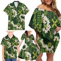 Mokihana Maile and Ilima Leis Family Matching Off Shoulder Short Dress and Hawaiian Shirt Omaʻomaʻo Hawaiian Tapa Quilt Pattern LT9 - Polynesian Pride