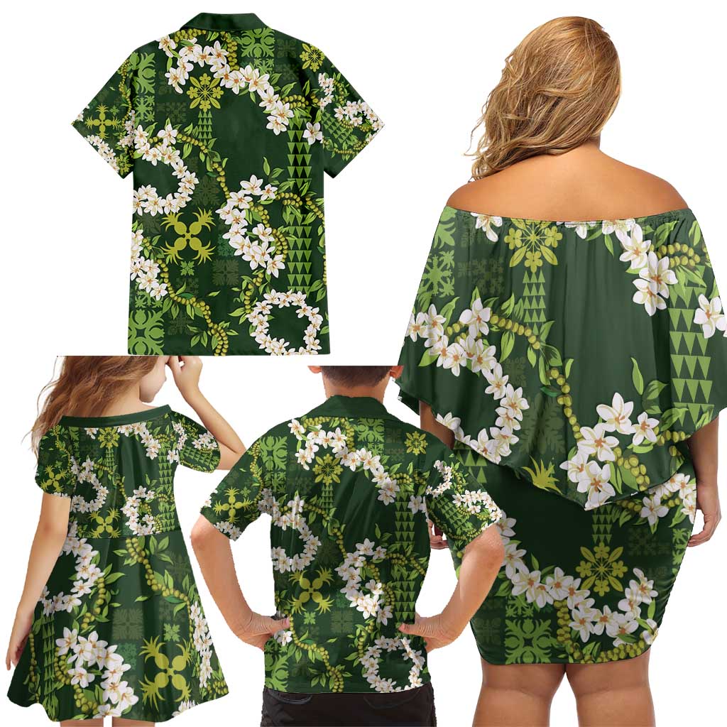 Mokihana Maile and Ilima Leis Family Matching Off Shoulder Short Dress and Hawaiian Shirt Omaʻomaʻo Hawaiian Tapa Quilt Pattern LT9 - Polynesian Pride