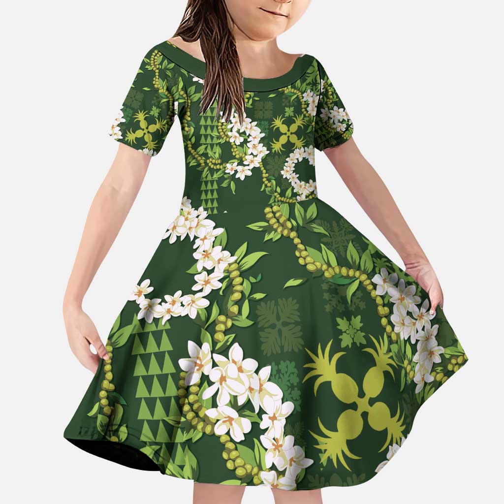Mokihana Maile and Ilima Leis Family Matching Puletasi and Hawaiian Shirt Omaʻomaʻo Hawaiian Tapa Quilt Pattern LT9 Daughter's Dress Green - Polynesian Pride
