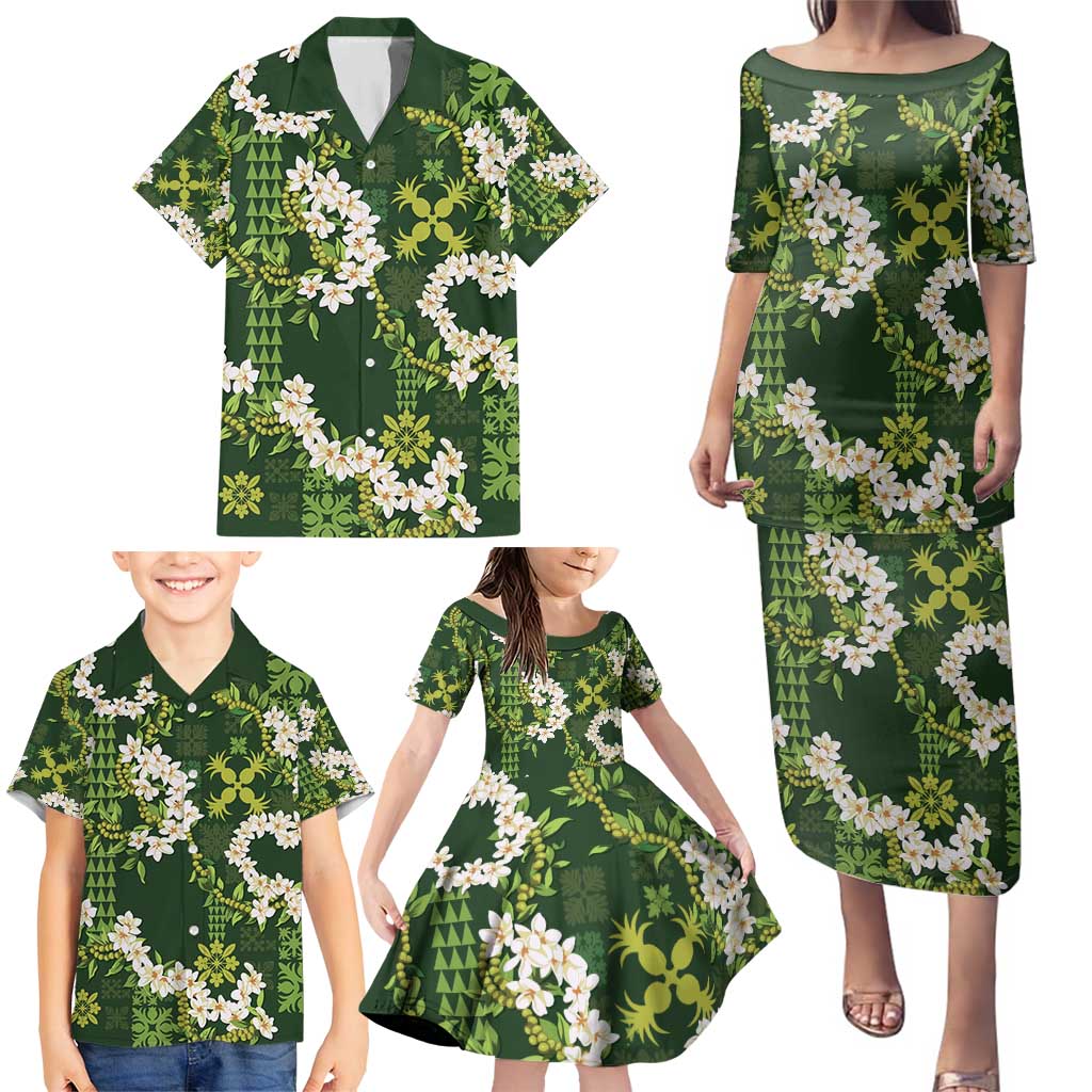 Mokihana Maile and Ilima Leis Family Matching Puletasi and Hawaiian Shirt Omaʻomaʻo Hawaiian Tapa Quilt Pattern LT9 - Polynesian Pride