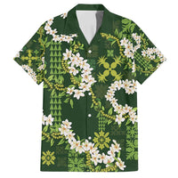 Mokihana Maile and Ilima Leis Family Matching Puletasi and Hawaiian Shirt Omaʻomaʻo Hawaiian Tapa Quilt Pattern LT9 Dad's Shirt - Short Sleeve Green - Polynesian Pride