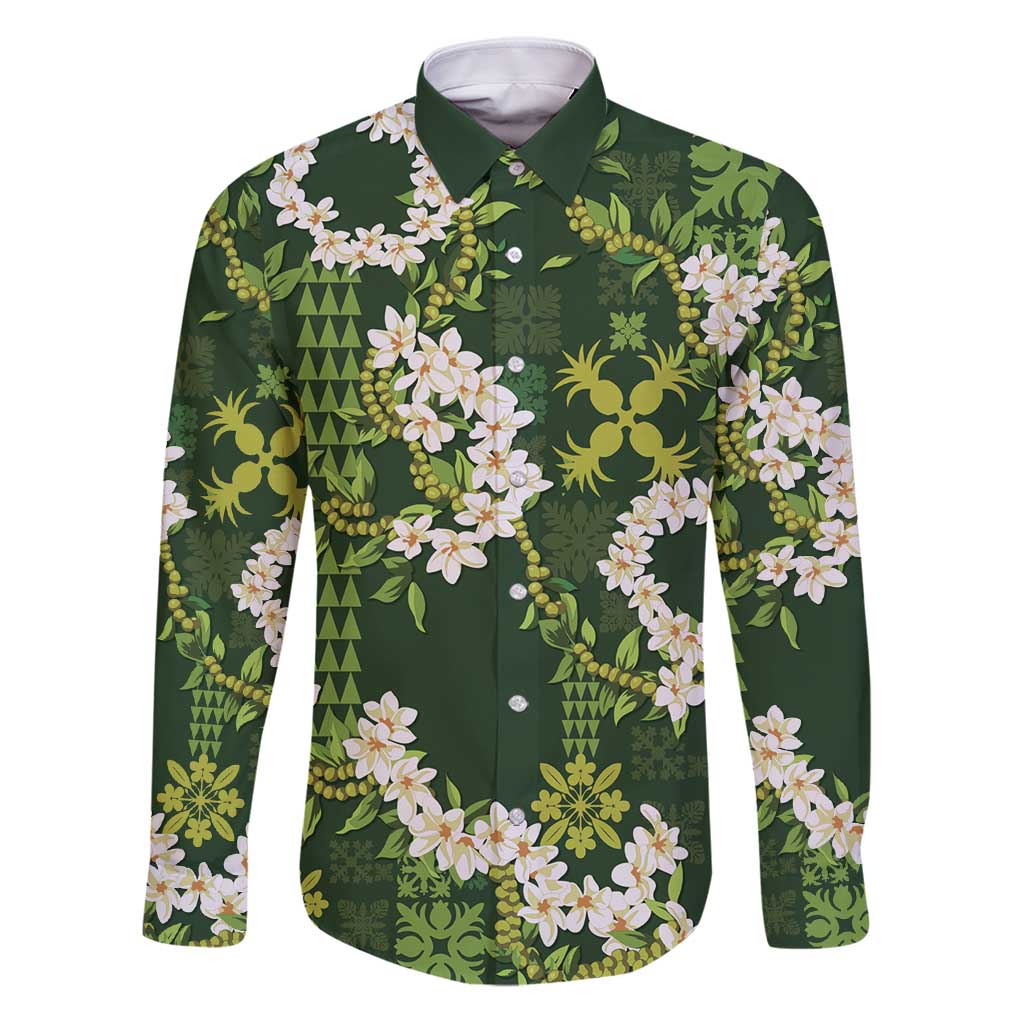 Mokihana Maile and Ilima Leis Family Matching Puletasi and Hawaiian Shirt Omaʻomaʻo Hawaiian Tapa Quilt Pattern LT9 Dad's Shirt - Long Sleeve Green - Polynesian Pride