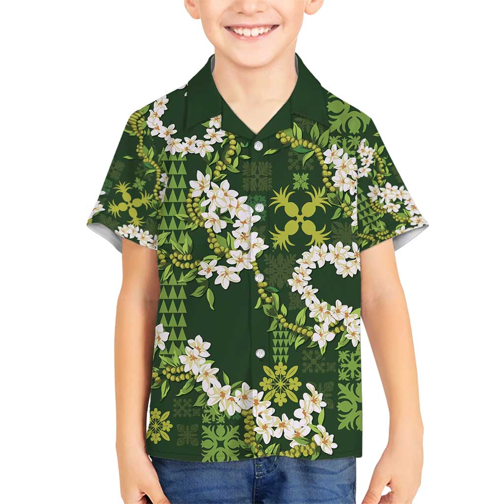 Mokihana Maile and Ilima Leis Family Matching Puletasi and Hawaiian Shirt Omaʻomaʻo Hawaiian Tapa Quilt Pattern LT9 Son's Shirt Green - Polynesian Pride