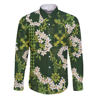 Mokihana Maile and Ilima Leis Family Matching Short Sleeve Bodycon Dress and Hawaiian Shirt Omaʻomaʻo Hawaiian Tapa Quilt Pattern LT9 Dad's Shirt - Long Sleeve Green - Polynesian Pride