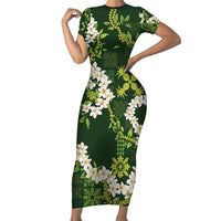 Mokihana Maile and Ilima Leis Family Matching Short Sleeve Bodycon Dress and Hawaiian Shirt Omaʻomaʻo Hawaiian Tapa Quilt Pattern LT9 Mom's Dress Green - Polynesian Pride