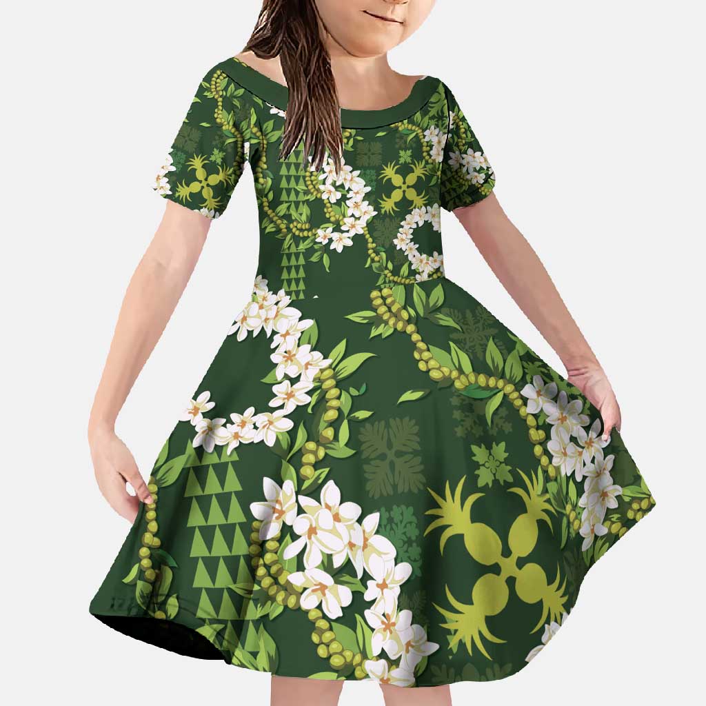 Mokihana Maile and Ilima Leis Family Matching Summer Maxi Dress and Hawaiian Shirt Omaʻomaʻo Hawaiian Tapa Quilt Pattern LT9 Daughter's Dress Green - Polynesian Pride
