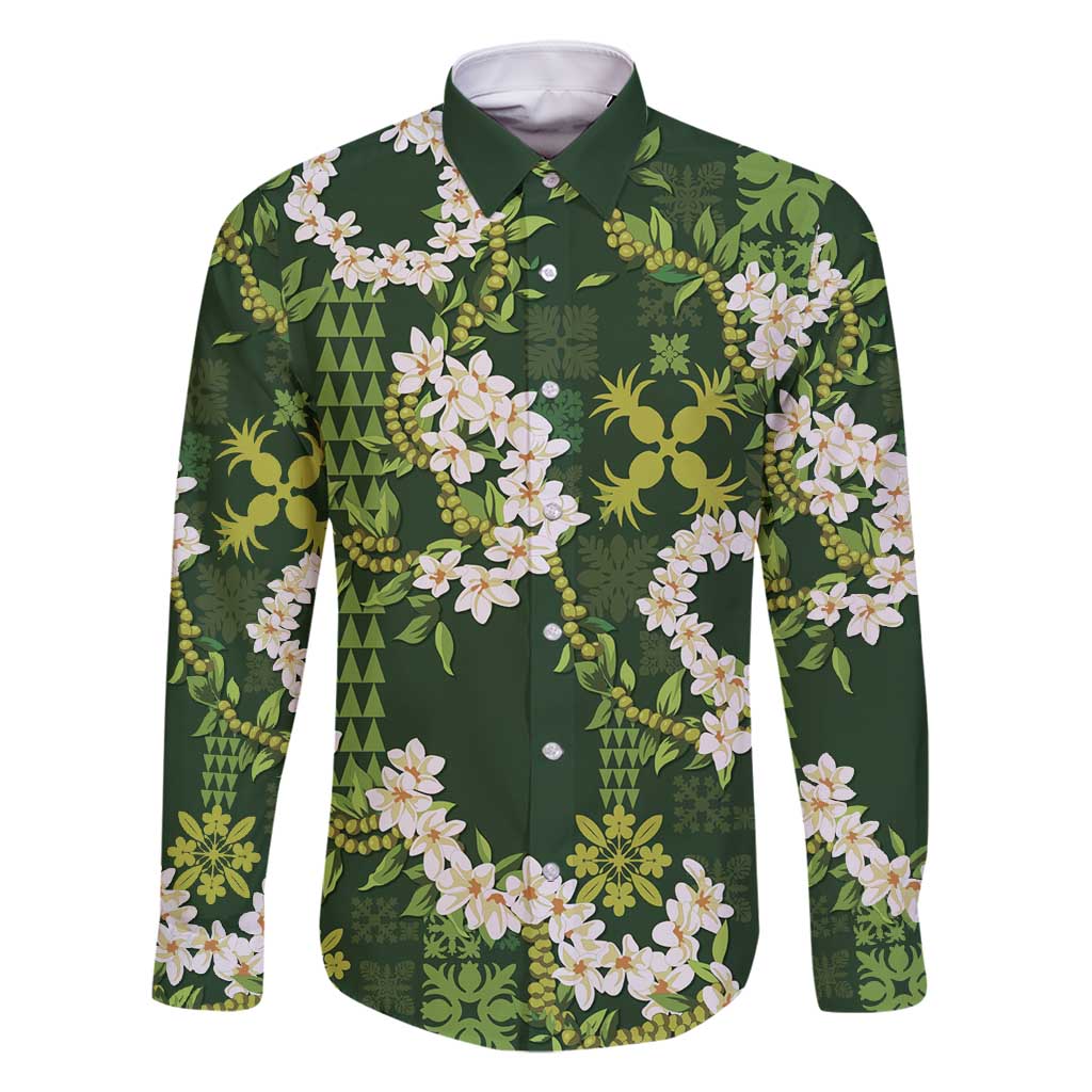 Mokihana Maile and Ilima Leis Family Matching Summer Maxi Dress and Hawaiian Shirt Omaʻomaʻo Hawaiian Tapa Quilt Pattern LT9 Dad's Shirt - Long Sleeve Green - Polynesian Pride