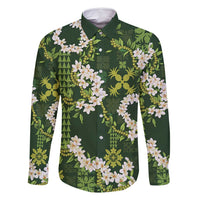 Mokihana Maile and Ilima Leis Family Matching Summer Maxi Dress and Hawaiian Shirt Omaʻomaʻo Hawaiian Tapa Quilt Pattern LT9 Dad's Shirt - Long Sleeve Green - Polynesian Pride