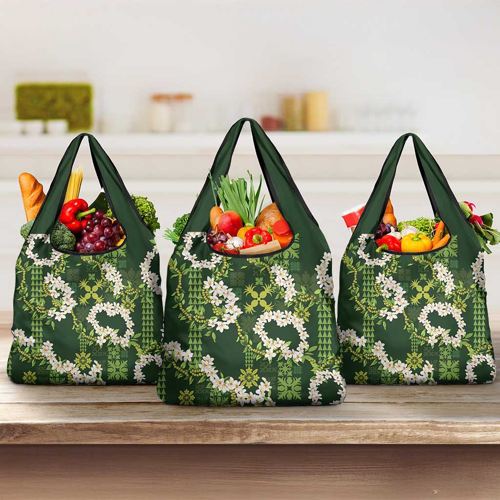 Mokihana Maile and Ilima Leis Grocery Bag Omaʻomaʻo Hawaiian Tapa Quilt Pattern - Polynesian Pride