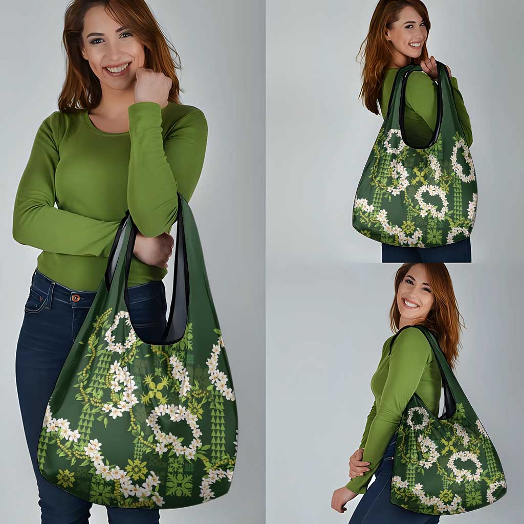 Mokihana Maile and Ilima Leis Grocery Bag Omaʻomaʻo Hawaiian Tapa Quilt Pattern - Polynesian Pride