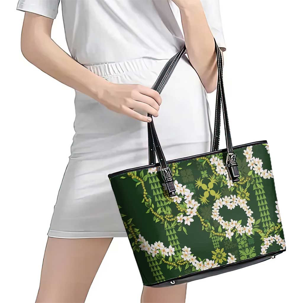 Mokihana Maile and Ilima Leis Leather Tote Bag Omaʻomaʻo Hawaiian Tapa Quilt Pattern - Polynesian Pride