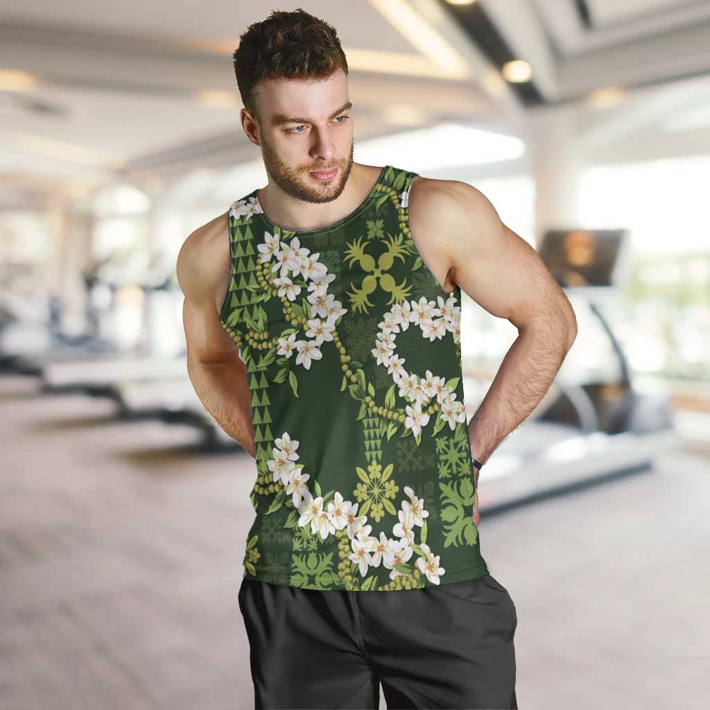 Mokihana Maile and Ilima Leis Men Tank Top Omaʻomaʻo Hawaiian Tapa Quilt Pattern LT9 Green - Polynesian Pride