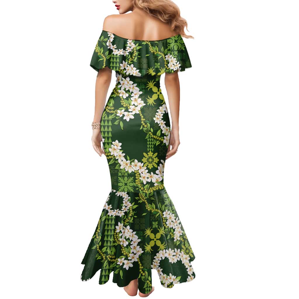 Mokihana Maile and Ilima Leis Mermaid Dress Omaʻomaʻo Hawaiian Tapa Quilt Pattern - Polynesian Pride