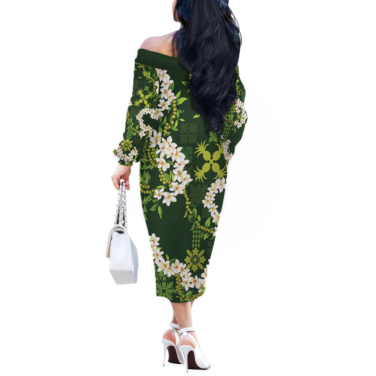 Mokihana Maile and Ilima Leis Off The Shoulder Long Sleeve Dress Omaʻomaʻo Hawaiian Tapa Quilt Pattern LT9 - Polynesian Pride