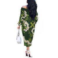 Mokihana Maile and Ilima Leis Off The Shoulder Long Sleeve Dress Omaʻomaʻo Hawaiian Tapa Quilt Pattern LT9 - Polynesian Pride