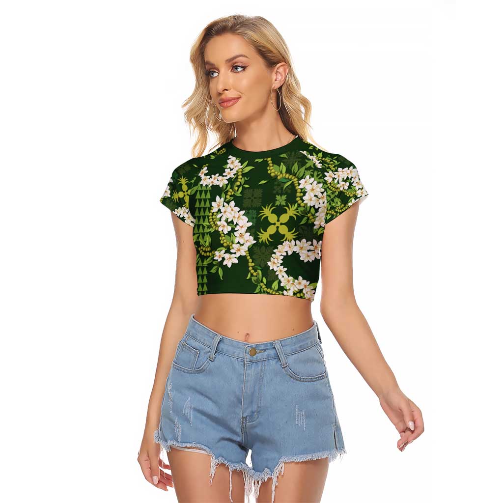 Mokihana Maile and Ilima Leis Raglan Cropped T Shirt Omaʻomaʻo Hawaiian Tapa Quilt Pattern - Polynesian Pride
