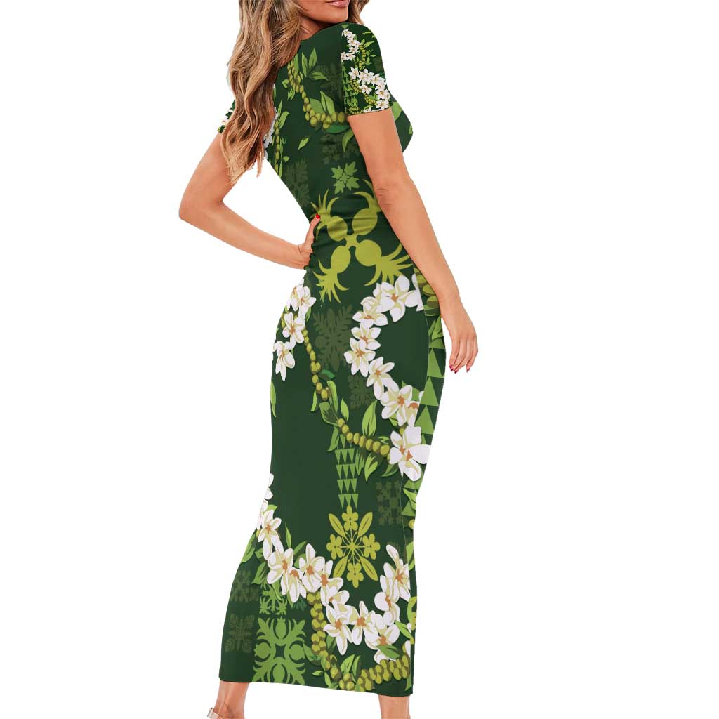 Mokihana Maile and Ilima Leis Short Sleeve Bodycon Dress Omaʻomaʻo Hawaiian Tapa Quilt Pattern LT9 - Polynesian Pride