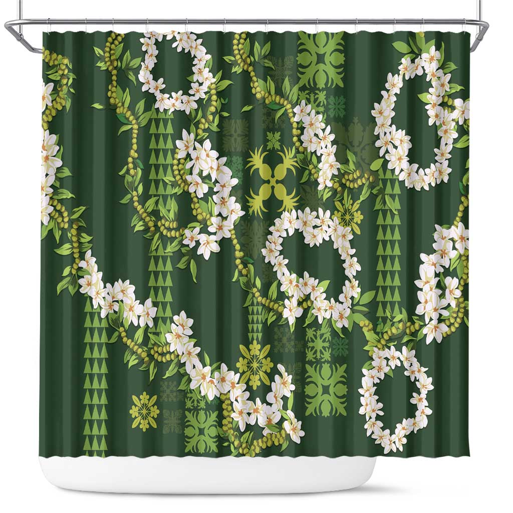 Mokihana Maile and Ilima Leis Shower Curtain Omaʻomaʻo Hawaiian Tapa Quilt Pattern LT9 Green - Polynesian Pride
