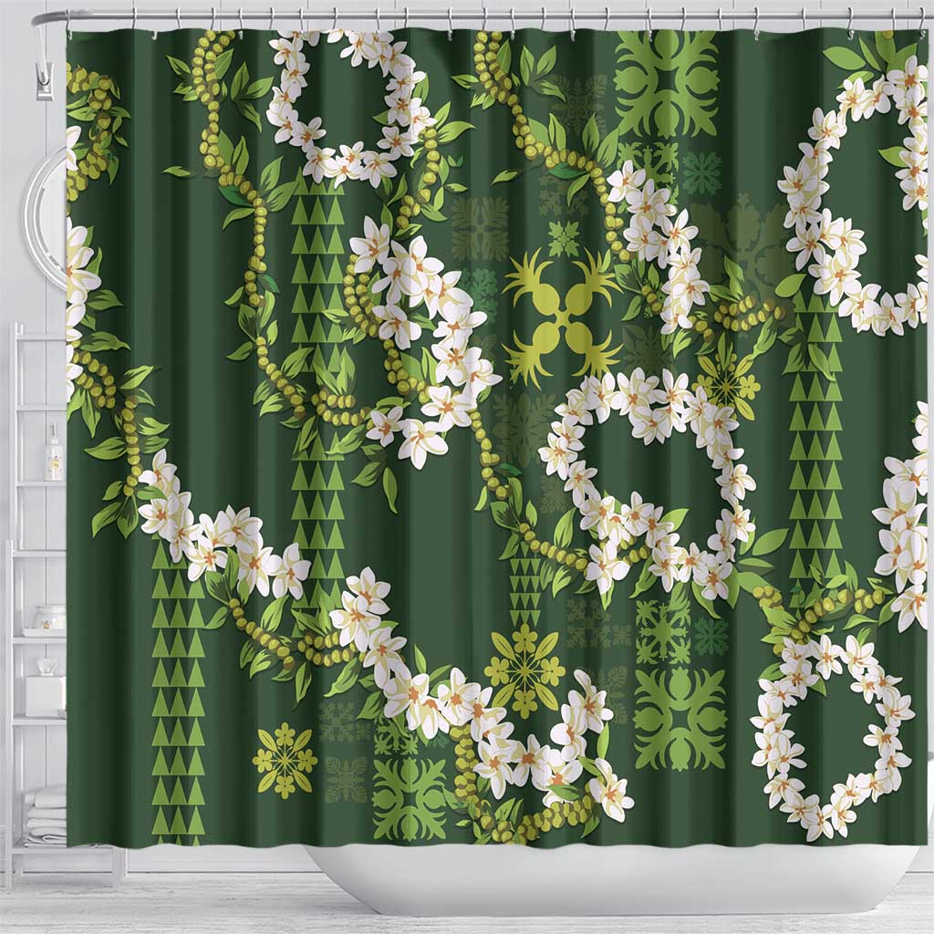 Mokihana Maile and Ilima Leis Shower Curtain Omaʻomaʻo Hawaiian Tapa Quilt Pattern LT9 - Polynesian Pride