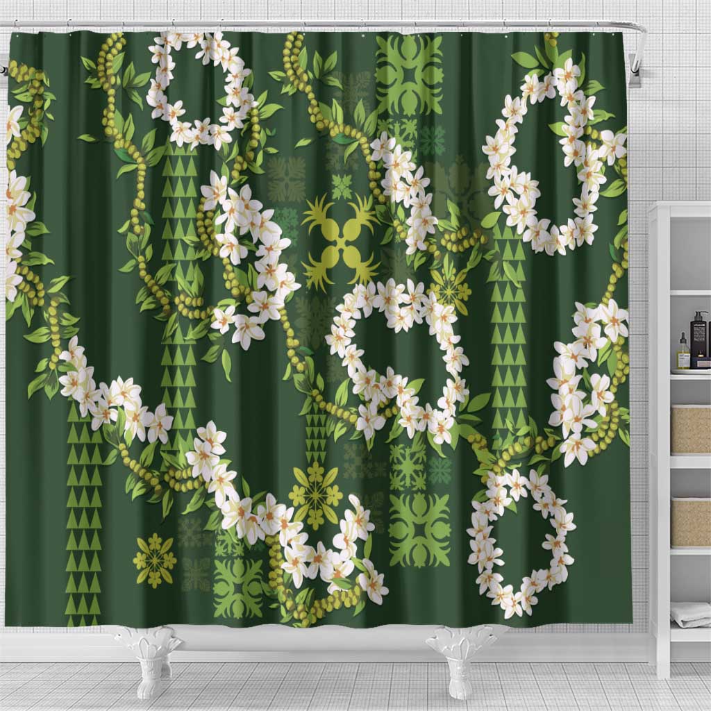 Mokihana Maile and Ilima Leis Shower Curtain Omaʻomaʻo Hawaiian Tapa Quilt Pattern LT9 - Polynesian Pride