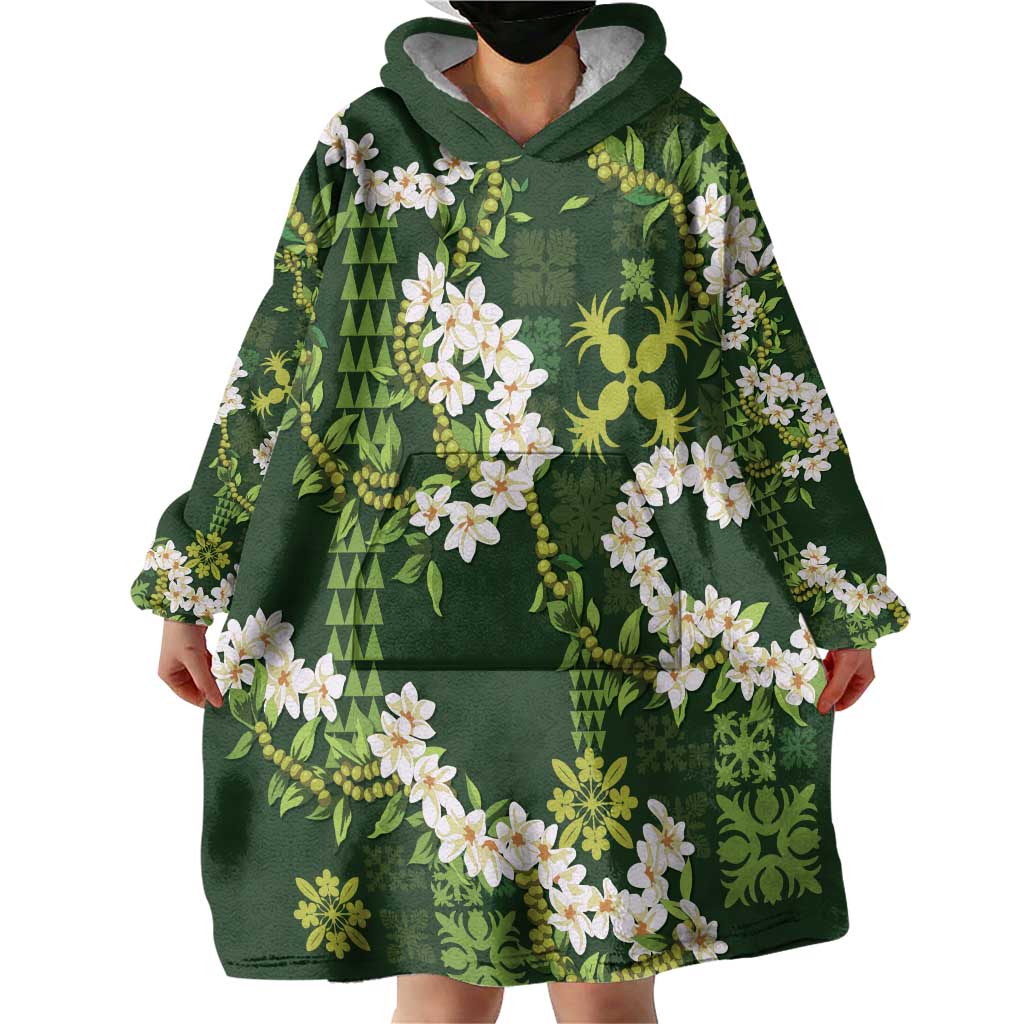 Mokihana Maile and Ilima Leis Wearable Blanket Hoodie Omaʻomaʻo Hawaiian Tapa Quilt Pattern LT9 - Polynesian Pride