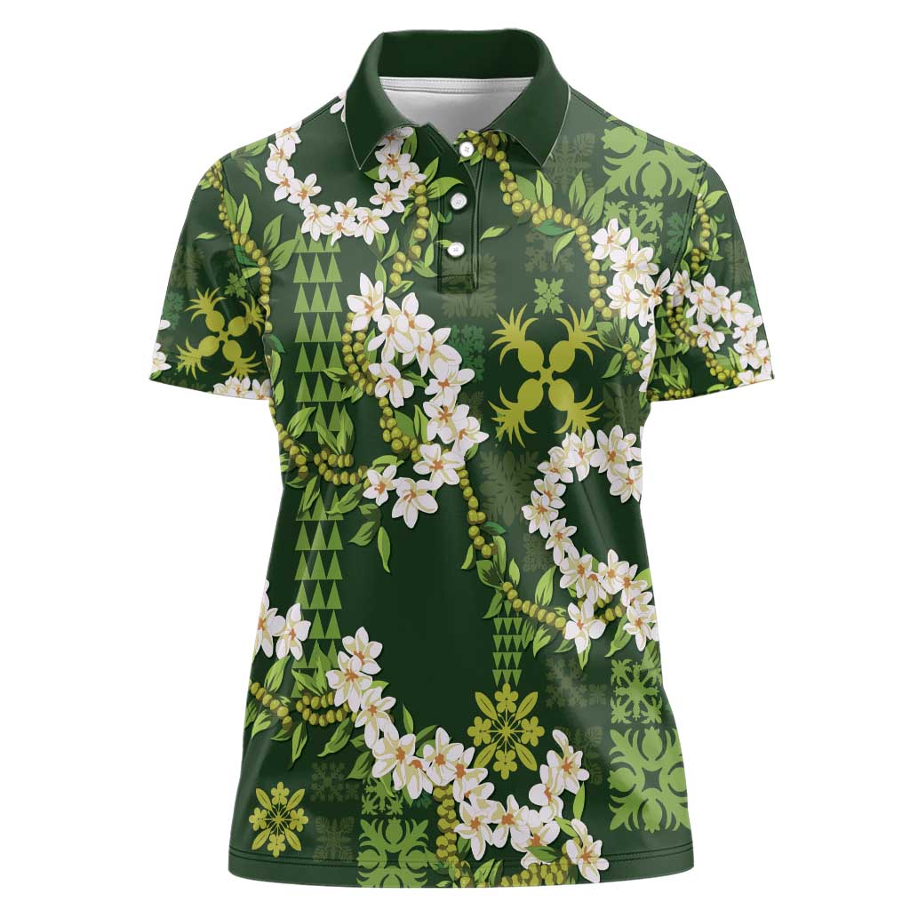 Mokihana Maile and Ilima Leis Women Polo Shirt Omaʻomaʻo Hawaiian Tapa Quilt Pattern - Polynesian Pride