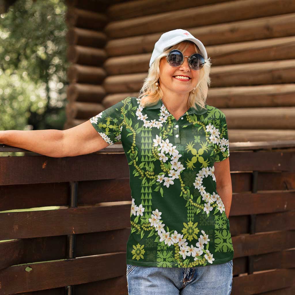 Mokihana Maile and Ilima Leis Women Polo Shirt Omaʻomaʻo Hawaiian Tapa Quilt Pattern - Polynesian Pride